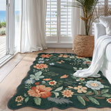 Covaba boho modern parisian floral scalloped area rug in forest fern, styled in a room setting, view 9