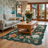 Covaba boho modern parisian floral scalloped area rug in forest fern, styled in a room setting, view 10