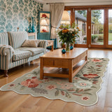 Covaba boho modern parisian floral scalloped area rug in coffee brown, styled in a room setting, view 10