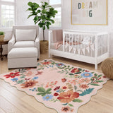 Covaba boho modern parisian floral scalloped area rug in soft blush, styled in a room setting, view 3