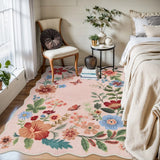 Covaba boho modern parisian floral scalloped area rug in soft blush, styled in a room setting, view 4
