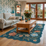 Covaba boho modern parisian floral scalloped area rug in deep navy, styled in a room setting, view 10