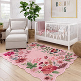 Covaba boho modern parisian floral scalloped area rug in blush clay, styled in a room setting, view 5