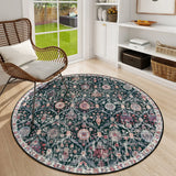 Covaba ultra-thin vintage floral moroccan trellis round rug in ink black, styled in a room setting, view 2