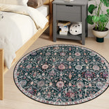 Covaba ultra-thin vintage floral moroccan trellis round rug in ink black, styled in a room setting