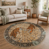 Covaba wild tiger desert round rug in golden wheat, styled in a room setting