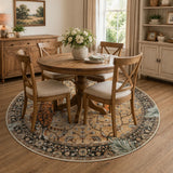 Covaba wild tiger desert round rug in golden wheat, styled in a room setting, view 2