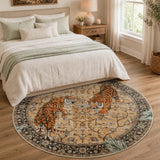 Covaba wild tiger desert round rug in golden wheat, styled in a room setting, view 3