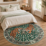Covaba wild tiger round rug in fern green, styled in a room setting, view 3