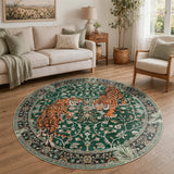 Covaba wild tiger round rug in fern green, styled in a room setting