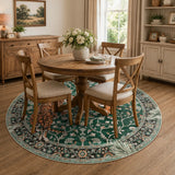 Covaba wild tiger round rug in fern green, styled in a room setting, view 2