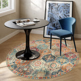Covaba ultra-thin vintage floral moroccan trellis and round rug in faded rose, styled in a room setting, view 2