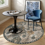Covaba ultra-thin vintage floral moroccan trellis round rug in pearl grey, styled in a room setting, view 3