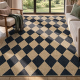 Covaba geometric checkered easy jute indoor/outdoor area rug in ink black, styled in a room setting