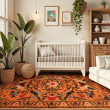 Covaba boho birdsong floral garden area rug in amber clay, styled in a room setting, view 2