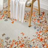 Covaba modern blooming floral garden rug in golden wheat, styled in a room setting, view 3