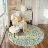 Covaba boho modern parisian garden floral round rug in fern green, styled in a room setting, view 2