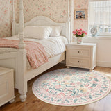 Covaba boho modern parisian garden floral round rug in blush clay, styled in a room setting