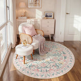 Covaba boho modern parisian garden floral round rug in blush clay, styled in a room setting, view 2