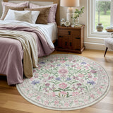Covaba boho modern parisian garden floral round rug in muted plum, styled in a room setting, view 4