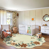 Covaba boho modern parisian floral scalloped round rug in warm beige, styled in a room setting, view 5