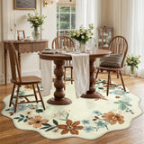 Covaba boho modern parisian floral scalloped round rug in warm beige, styled in a room setting, view 8