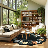 Covaba boho modern parisian floral scalloped round rug in ink black, styled in a room setting, view 4