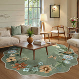 Covaba boho modern parisian floral scalloped round rug in fern green, styled in a room setting, view 6