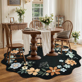 Covaba boho modern parisian floral scalloped round rug in ink black, styled in a room setting, view 5