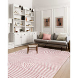 Covaba abstract rainbow stripe pink/white area rug in blush clay, shown flat on a plain ivory backdrop, view 2