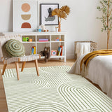 Covaba abstract rainbow stripe green/white area rug in fern green, styled in a room setting