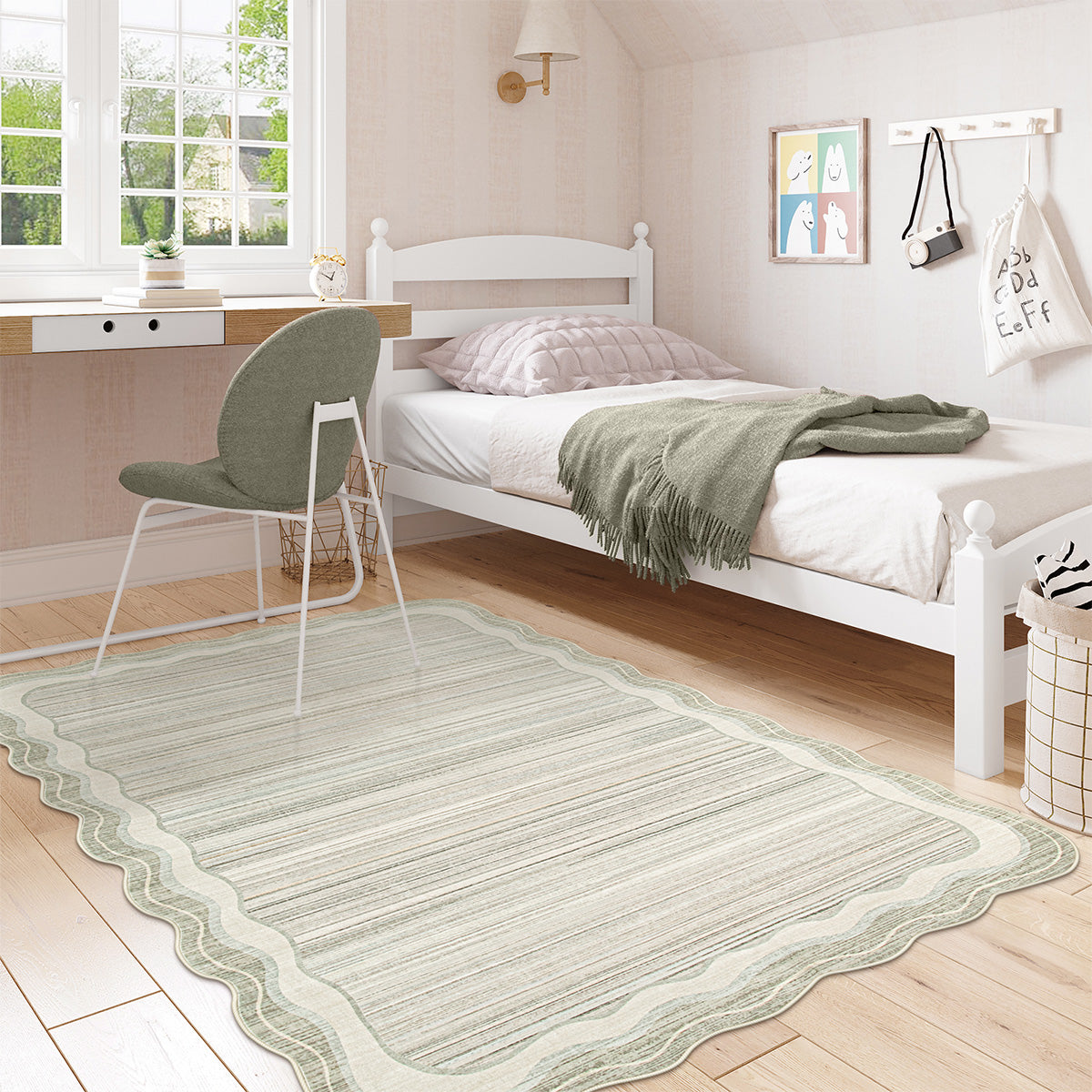 Covaba modern abstract bordered scalloped area rug in warm beige, styled in a room setting