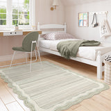 Covaba modern abstract bordered scalloped area rug in warm beige, styled in a room setting