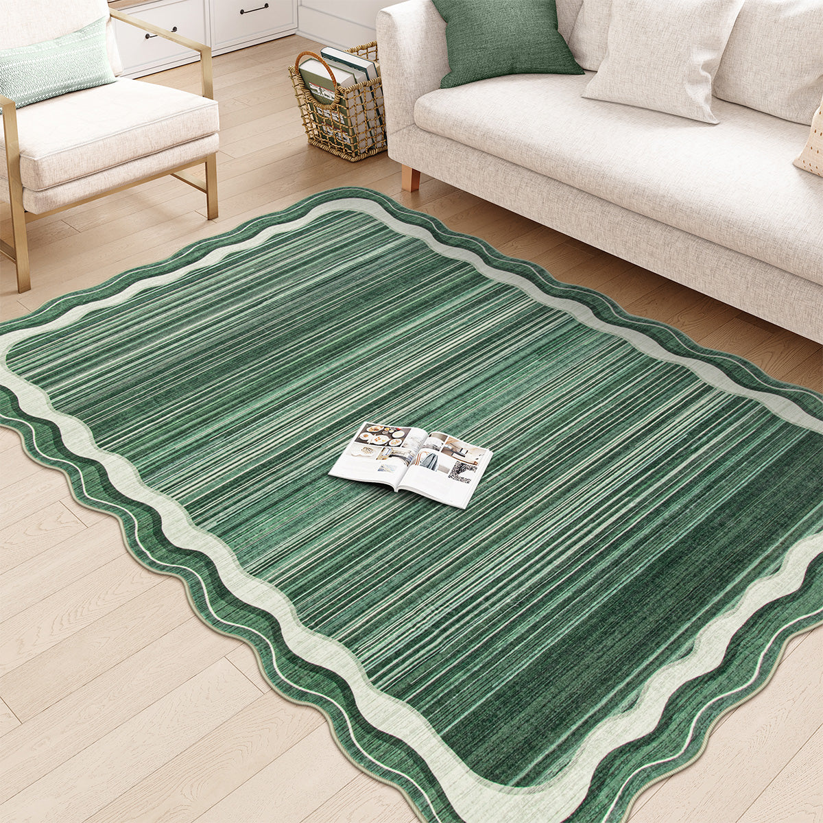 Covaba modern abstract bordered scalloped area rug in fern green, styled in a room setting