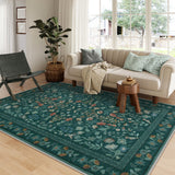 Covaba vintage floral area rug in deep green, styled in a room setting, view 6