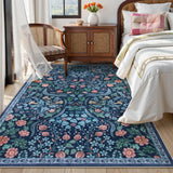 Covaba maximalism vibrant floral area rug in stormy blue, styled in a room setting, view 4