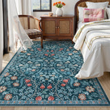 Covaba maximalism vibrant floral area rug in teal haze, styled in a room setting, view 3