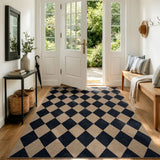 Covaba geometric checkered easy jute indoor/outdoor area rug in coffee brown, styled in a room setting, view 10