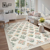 Covaba meadow floral area rug in warm beige, styled in a room setting, view 6