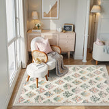 Covaba meadow floral area rug in warm beige, styled in a room setting, view 7