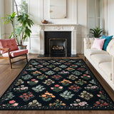 Covaba meadow floral area rug in ink black, styled in a room setting, view 6