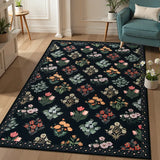 Covaba meadow floral area rug in ink black, styled in a room setting, view 5