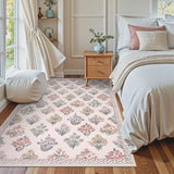 Covaba meadow floral area rug in blush clay, styled in a room setting, view 7