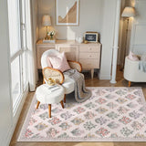 Covaba meadow floral area rug in blush clay, styled in a room setting, view 5