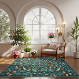 Covaba boho insect botanical floral area rug in forest fern, styled in a room setting, view 5