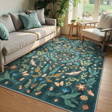 Covaba boho insect botanical floral area rug in forest fern, styled in a room setting, view 4