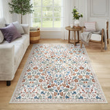 Covaba maximalism vibrant blossom floral area rug in warm beige, styled in a room setting, view 3