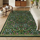 Covaba maximalism vibrant blossom floral area rug in forest fern, styled in a room setting, view 5