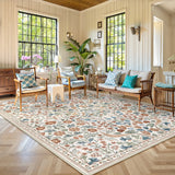 Covaba maximalism vibrant blossom floral area rug in warm beige, styled in a room setting, view 2