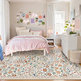 Covaba maximalism vibrant blossom floral area rug in warm beige, styled in a room setting, view 4